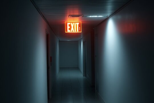 A bright red exit sign lights up a long, dark corridor in a modern building, highlighting the path to safety in low light Generative AI