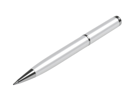 Sleek silver ballpoint pen with metallic finish and retractable tip isolated on white background