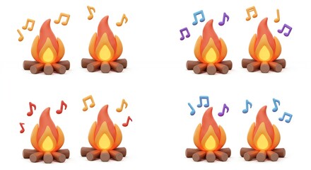Campfire with musical notes cartoon illustration