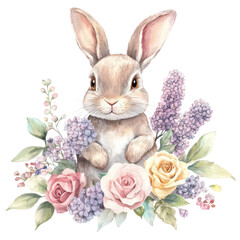 Obraz premium Adorable bunny rabbit with pink roses and purple lilacs, isolated on transparent background