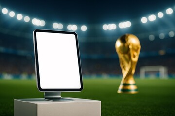 Soccer Tournament Digital Device Mockup with Trophy on Stadium Field
