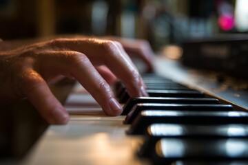 A hand gracefully moves over piano keys, creating melodic sounds in a warm, inviting room filled with natural light Generative AI