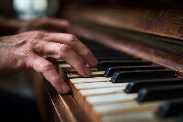 Fototapeta premium Fingers skillfully dance over piano keys, producing beautiful melodies in a cozy and dimly lit atmosphere filled with musical passion Generative AI
