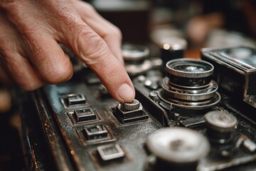 A hand is seen pressing a button on a control panel filled with vintage dials and switches, capturing the essence of mechanical craftsmanship Generative AI