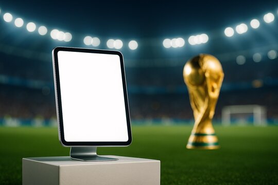 Soccer Tournament Digital Device Mockup with Trophy on Stadium Field