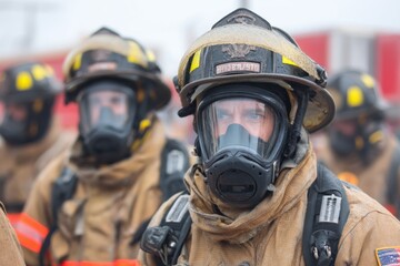 Naklejka premium Firefighters equipped with breathing masks and uniforms ready for a training drill, focused and alert in a smoky setting Generative AI
