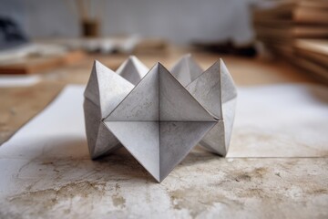 An intricate origami piece stands prominently on a wooden workspace, emphasizing the skillful paper folding. Soft light enhances the textures Generative AI