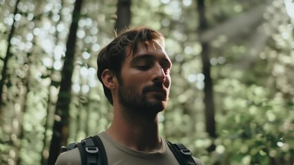 A man is walking in the woods with a backpack on his back. He is looking up at the sky and he is in a peaceful and contemplative mood