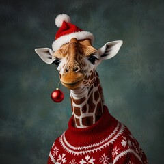 Giraffe in a red and white sweater with a Christmas hat on its head. Merry Christmas and New Year theme.