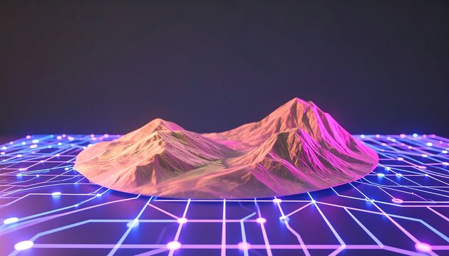 A stylized, digital rendering of a mountain range, bathed in vibrant pink and blue hues, rests on a circuit board-like surface. - Powered by Adobe
