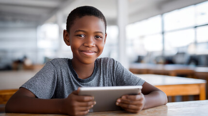 A young African boy learning to read on a tablet in a bright modern classroom, high-tech learning environment. Black African children from disadvantaged families study in school, 