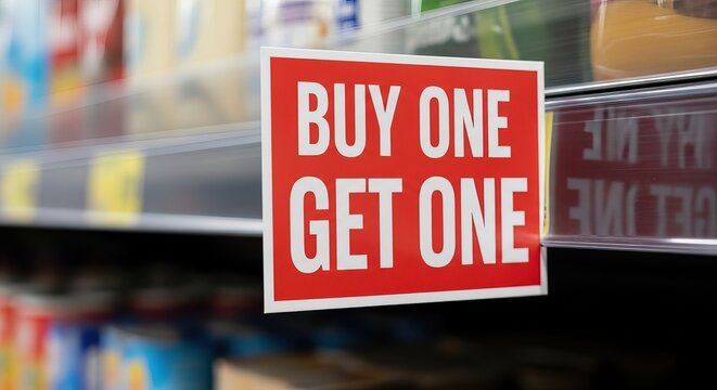 Exciting buy one get one free sale sign grabs attention in retail aisle
