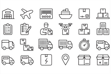 Freight, Storage, and Supply Chain Outline Icon Set