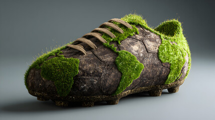 A soccer cleat with a world map design covered in green moss and brown laces on a gray background studio shot