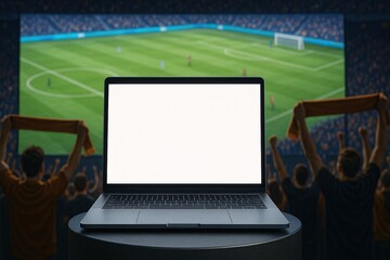 Laptop Mockup with Soccer Stadium Background for Sports Event Promotion