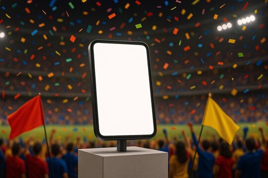 Innovative Digital Device Mockup with Soccer Stadium Celebration Background
