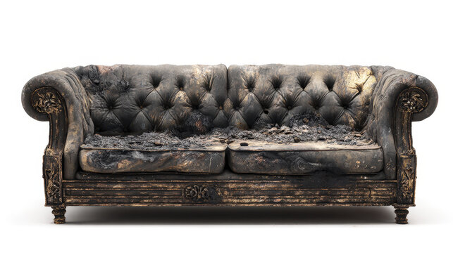 Burnt sofa with exposed springs and ash damage showing ultra detailed texture and charred fabric on white background, conveying destruction and decay
