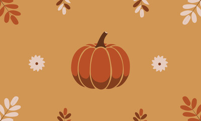 Pumpkin with Autumn Leaves and Flowers Vector Illustration