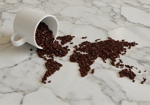 World map created with roasted coffee beans , global culture for international coffee day