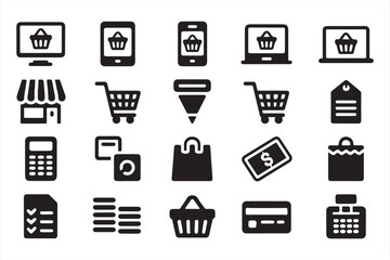 Retail Shop, Basket, and Cash Payment Symbol Pack