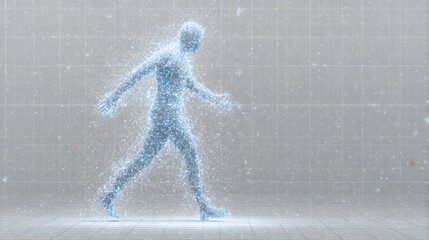 A person's form depicted as a collection of particles in motion.
