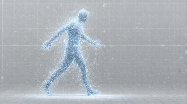 A person's form depicted as a collection of particles in motion.