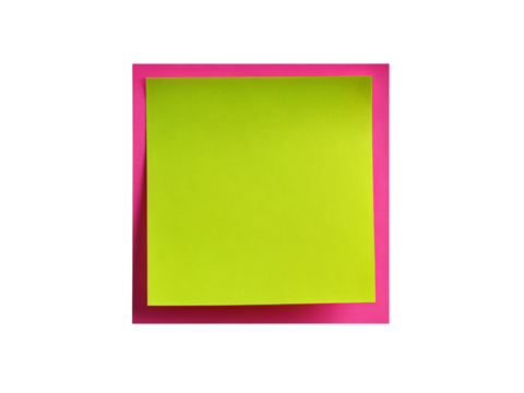 Bright green sticky note on pink background minimalist office supplies, Isolated On White Background, Png Transparent