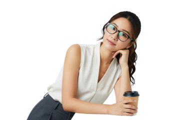 chinese office professional glasses leaning holding drink isolated