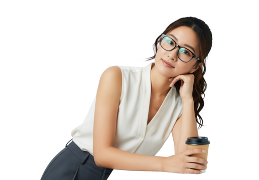 chinese office professional glasses leaning holding drink isolated
