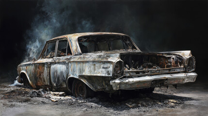 Burnt old car with smoldering remains and rusted metal frame in dark background, showing detailed texture of fire damage and destruction in hyper realistic style