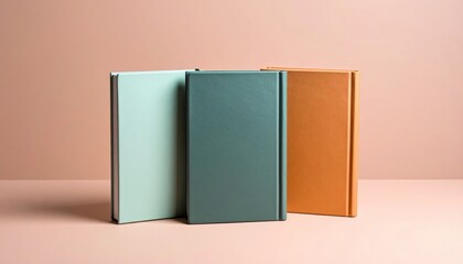 Three Stacked Notebooks In Pastel Colors On Light Beige Background