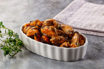 Peeled mussels heap in the bowl