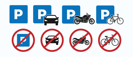 traffic signs indicating parking availability and prohibitions for cars, motorcycles, and bicycles, presented on a white background.