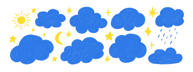 Obraz premium Blue pastel cloud doodles with yellow celestial elements. Hand drawn pencil sketch clouds, stars, sun, and moon in childrens style. Vector illustration.