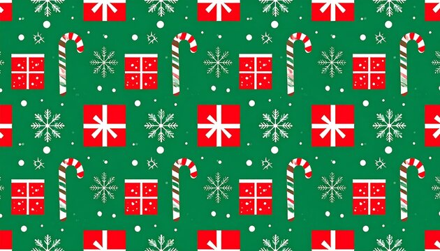 Festive Christmas Pattern: Red Gifts, Candy Canes, and Snowflakes on Green Background - Powered by Adobe