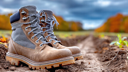 Close-up view of muddy work boots resting on a farmer's feet while standing in a harvested field during autumn, capturing the essence of agriculture and dedicated labor