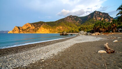 Serene coastal scene; pebble beach meets calm sea, backed by mountains and palm trees under a partly cloudy sky