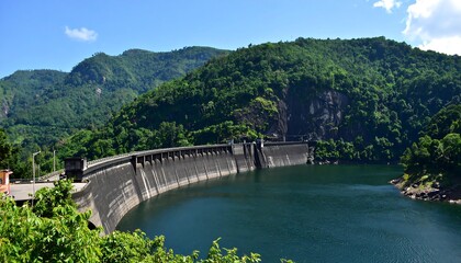 Dam surrounded by lush mountains