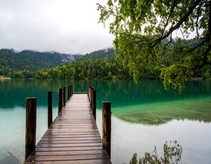 Naklejka premium Lakeside wooden dock extends to a tranquil lake