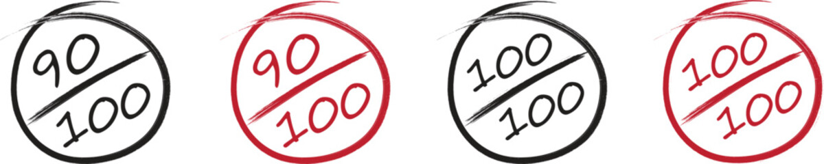 Hand drawn score stamp icons showing 90 out of 100 and 100 out of 100 marks. Graded circle percentage symbols for evaluation, rating, and achievement design. Vector sketch style illustration.