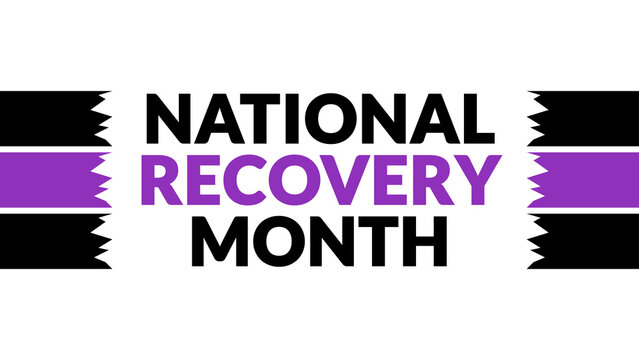 National Recovery Month text with side lines on a White background. Which is observed every year in September to celebrate and wish National Recovery Month.