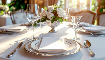 陽光が差し込む、ラグジュアリーなレストランのテーブルセッティングGenerated image