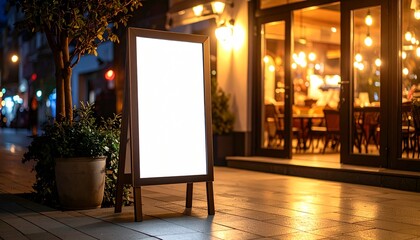 雨上がりの夜、街灯に照らされるA型看板Generated image