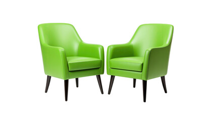 Pair of green upholstered armchairs with modern design isolated on white background