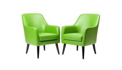 Pair of green upholstered armchairs with modern design isolated on white background