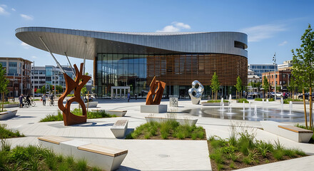Modern building with sculptures and water feature in a public square on a sunny day with people around