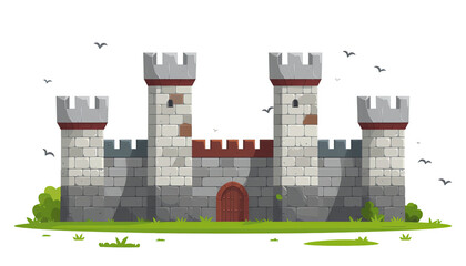 Medieval stone castle wall with textured masonry and historic architecture isolated on white background
