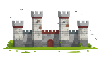 Medieval stone castle wall with textured masonry and historic architecture isolated on white background
