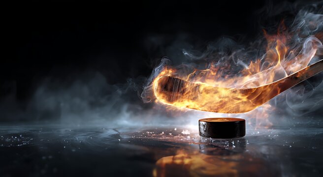 Hockey stick and puck on fire with smoke and flames in dark background