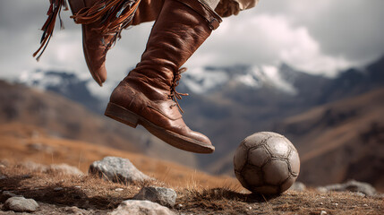 A person kicking a soccer ball with leather boots in a mountainous landscape on a sunny day outside